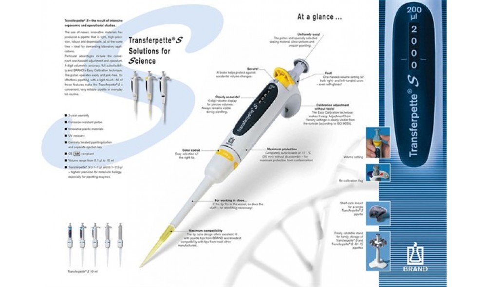 BRAND Transferpette® S 20-200 µL Ayarlanabilir Otomatik Pipet (Brand 705878)